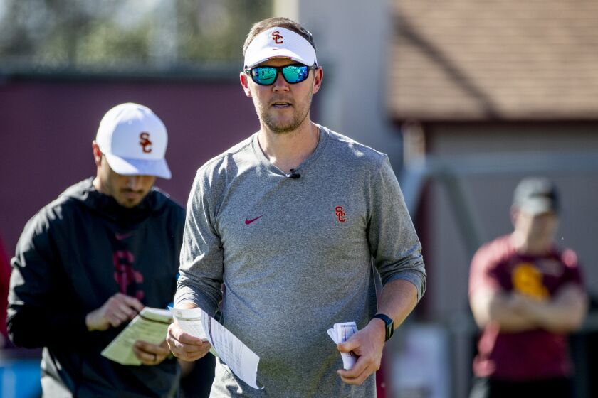 LOS ANGELES, CA - MARCH 22, 2022: First year USC football coach Lincoln Riley.