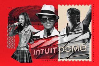 A photo illustration including, from left, Olivia Rodrigo, Bruno Mars and Peso Pluma. Multiple images of the Intuit Dome are featured.