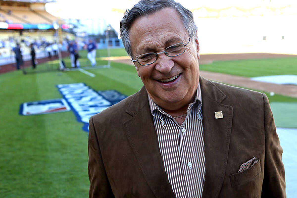Long time Dodgers announcer Jaime Jarrin on the field before Game 4 of the 2013 National League Division Series at Dodger Stadium.