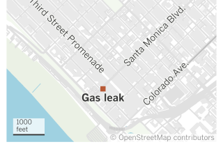 A map of downtown Santa Monica shows the location of a gas leak on Santa Monica Boulevard near the Third Street Promenade