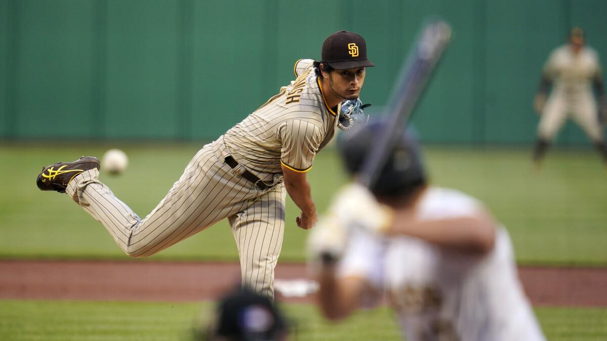 San Diego Padres starting pitcher Yu Darvish delivers during the first inning of a baseball game.