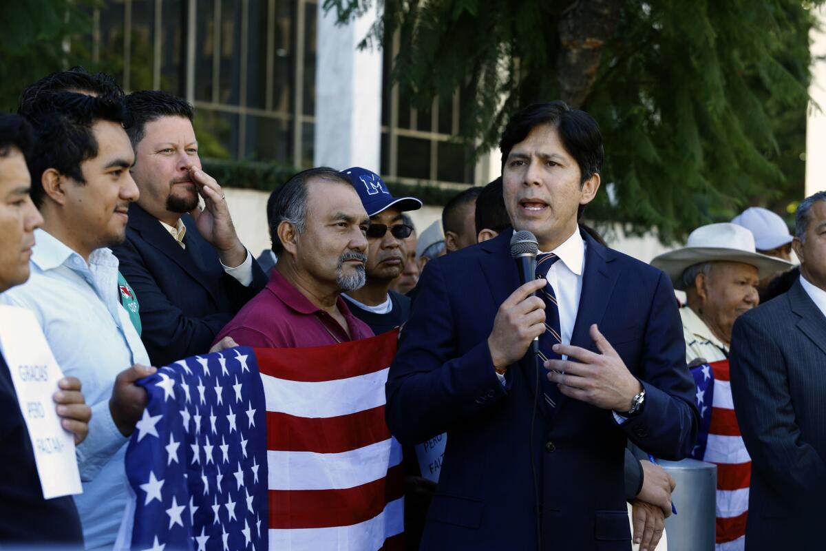 State Sen. Kevin de Leon, the top ranking Latino legislator in California, speaks at a immigration rally last November in downtown Los Angeles.