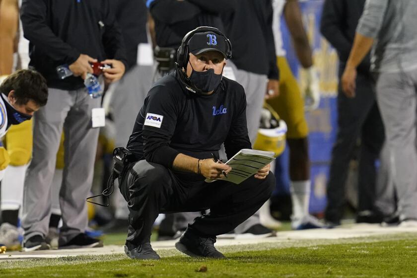 UCLA head coach Chip Kelly in the second half of an NCAA college football game Saturday, Nov. 7, 2020, in Boulder, Colo. Colorado won 48-42. (AP Photo/David Zalubowski)