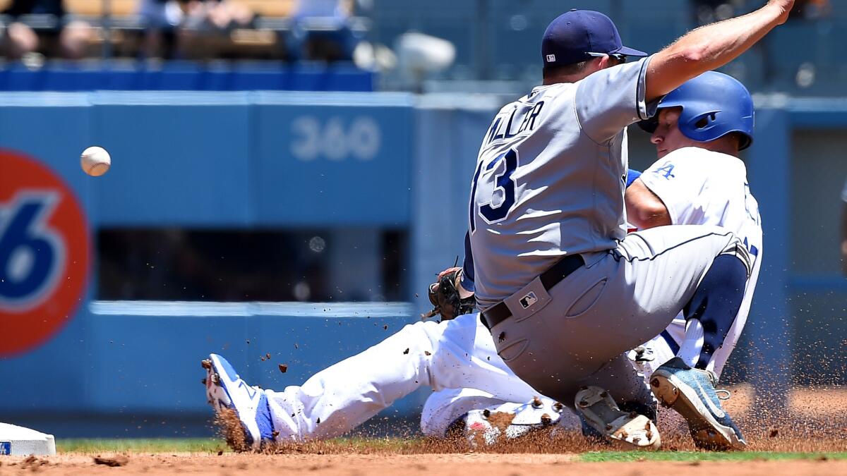 Dodgers catcher A.J. Ellis steals second base as Tampa Bay Rays shortstop Brad Miller can't handle the throw during the second inning.