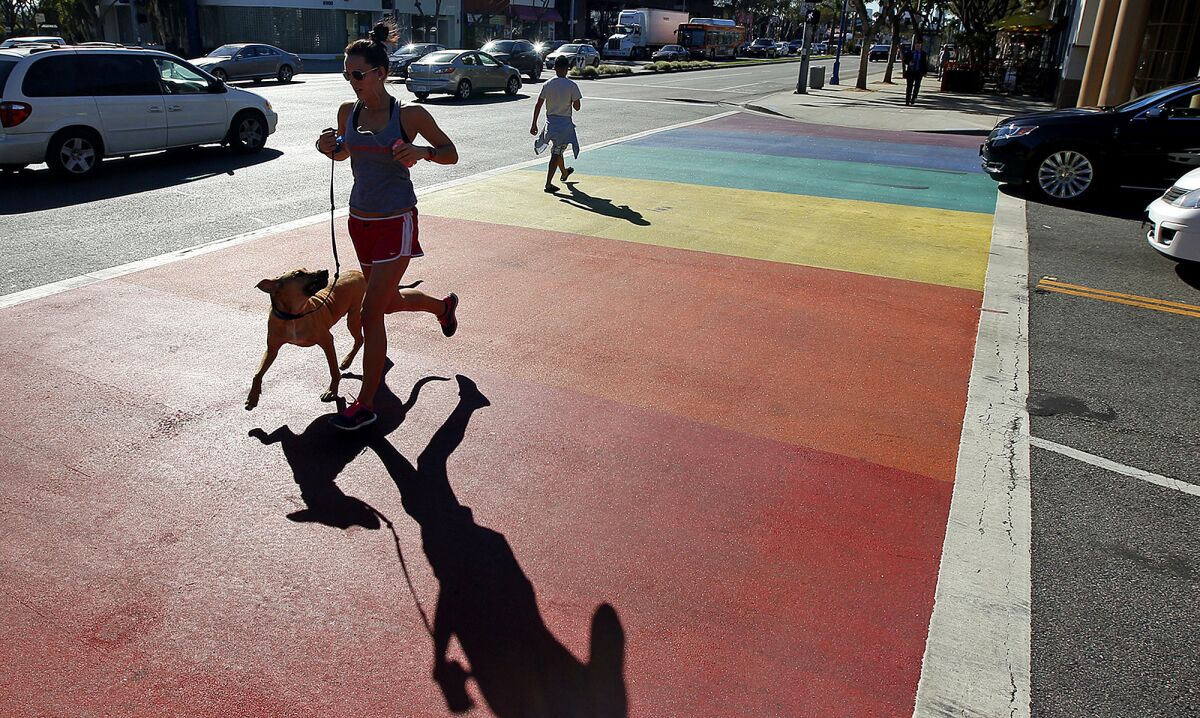 San Francisco's Castro District will rainbow-stripe four crosswalks at an intersection. West Hollywood, pictured, added two rainbow crosswalks in 2012.