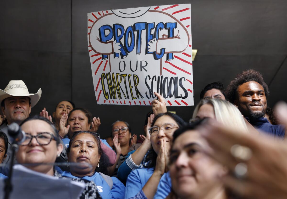 People rally outside of Los Angeles Unified School District Headquarters in downtown Los Angeles in Sept. 2023