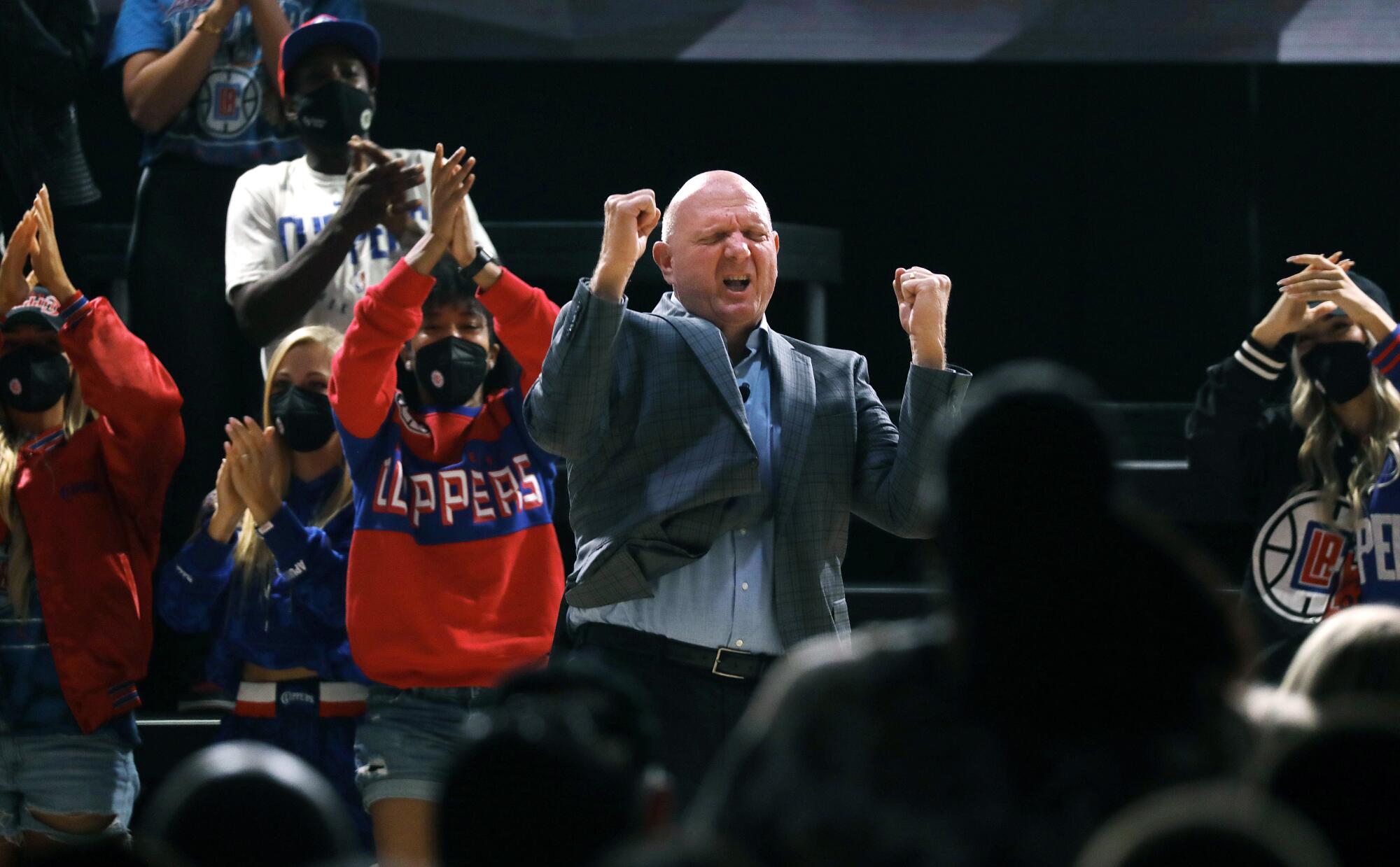 Clippers owner Steve Ballmer takes the stage during the team's arena groundbreaking ceremony.