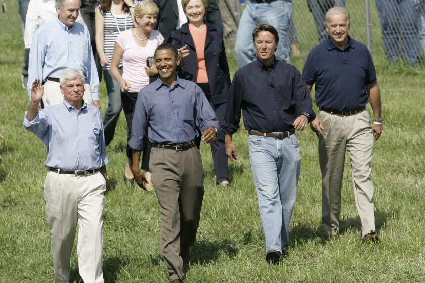 Potential Democratic presidential nominees Hillary Clinton, Chris Dodd, Barack Obama, John Edwards and Joe Biden walk to the stage before speaking at Iowa Sen. Tom Harkin's annual fundraising steak fry in, 2007.