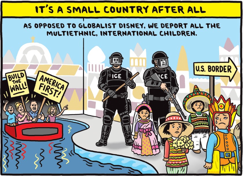 Comic of ICE officers with guns pushing foreign kids toward U.S. border. Boat riders hold signs; one says "build the wall."