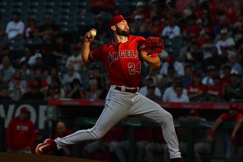 Angels' Lucas Giolito pitches during a game against the Cincinnati Reds at Angel Stadium.