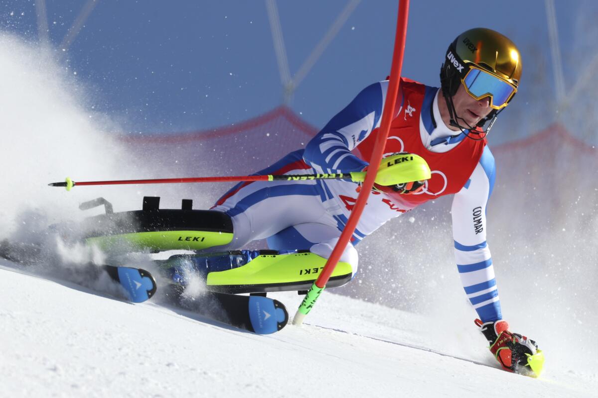 Clement Noel of France passes a gate during the men's slalom.