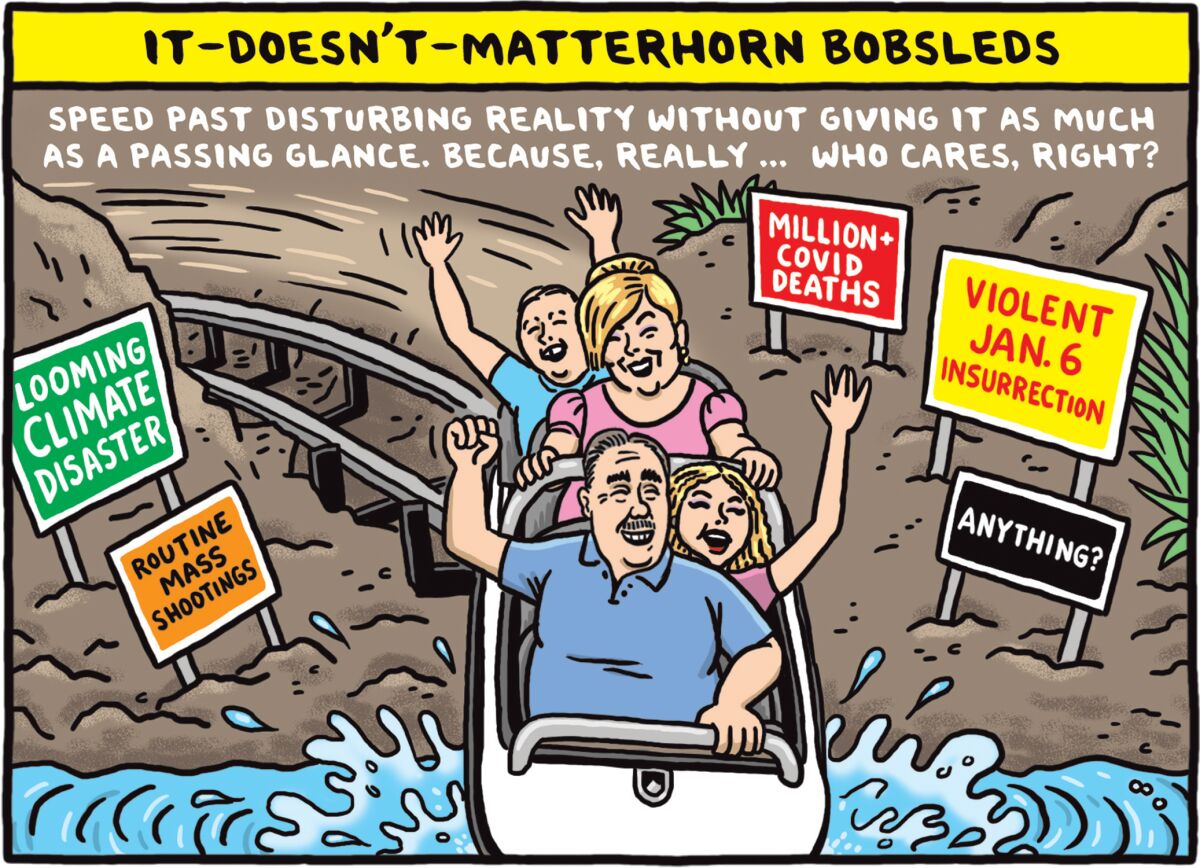 Comic of a family of four happily speeding down a mountain past signs. One says "looming climate disaster." 