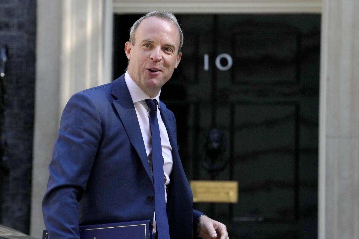 Britain's Deputy Prime Minister Dominic Raab arrives for a cabinet meeting in London.