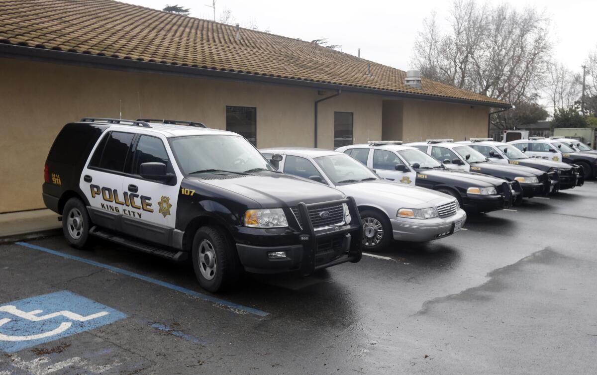 Patrol cars lined up outside the King City Police Department 