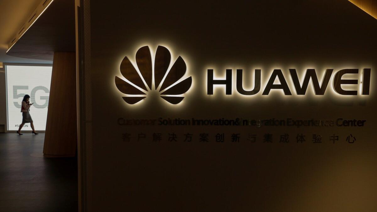 A view of the Huawei logo during the event "5G is On" in Madrid on Wednesday.