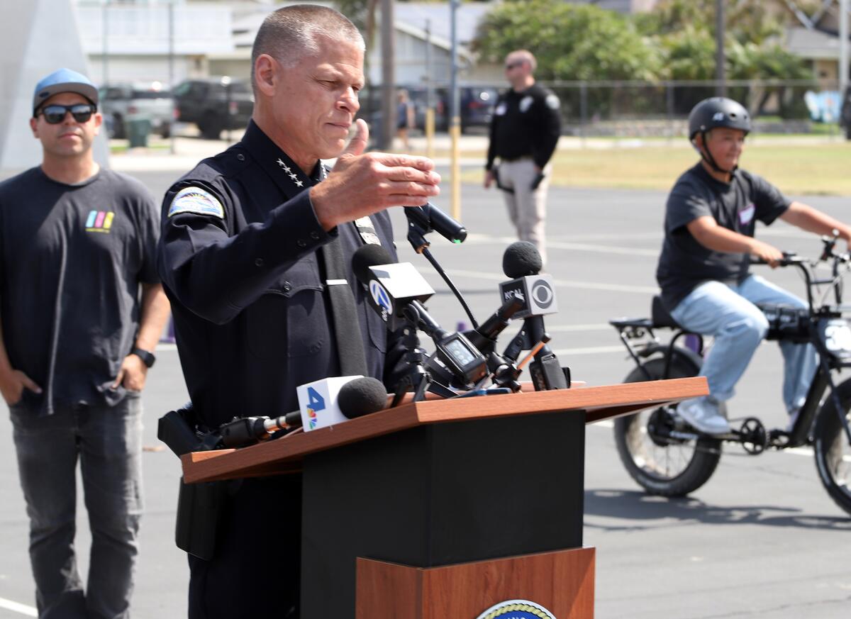 Huntington Beach Police Chief Eric Parra discusses new alarming new e-bike collision statistics on Wednesday.