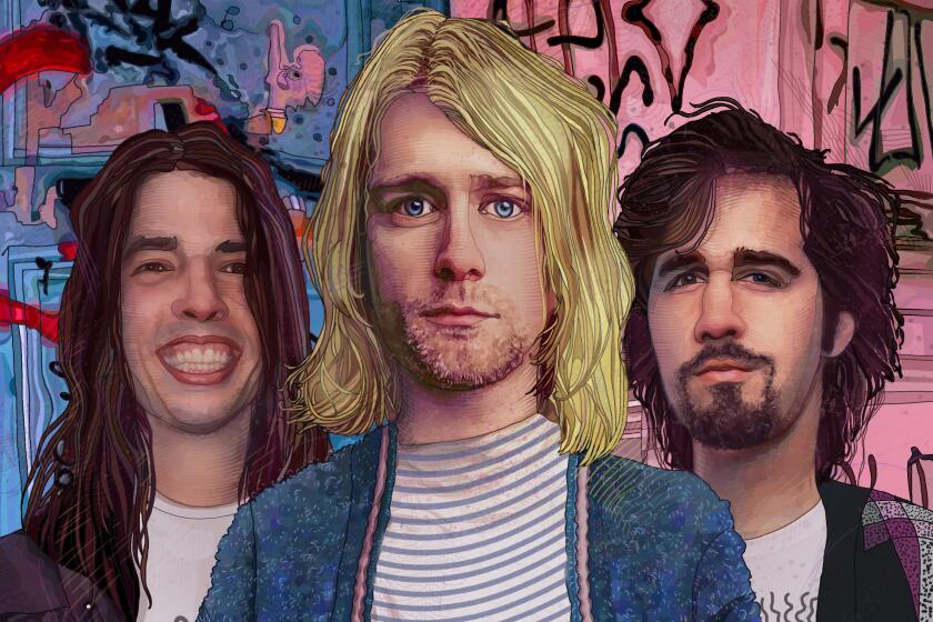 Illustration of the band Nirvana. (L-R) Dave Grohl, Kurt Cobain, and Krist Novoselic. CREDIT: Illustration by Tony Rodriguez/For The Times