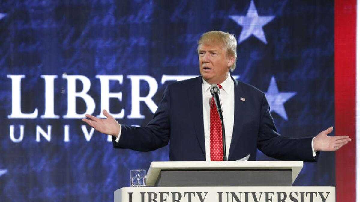 Republican presidential candidate Donald Trump during a speech at Liberty University in Lynchburg, Va.