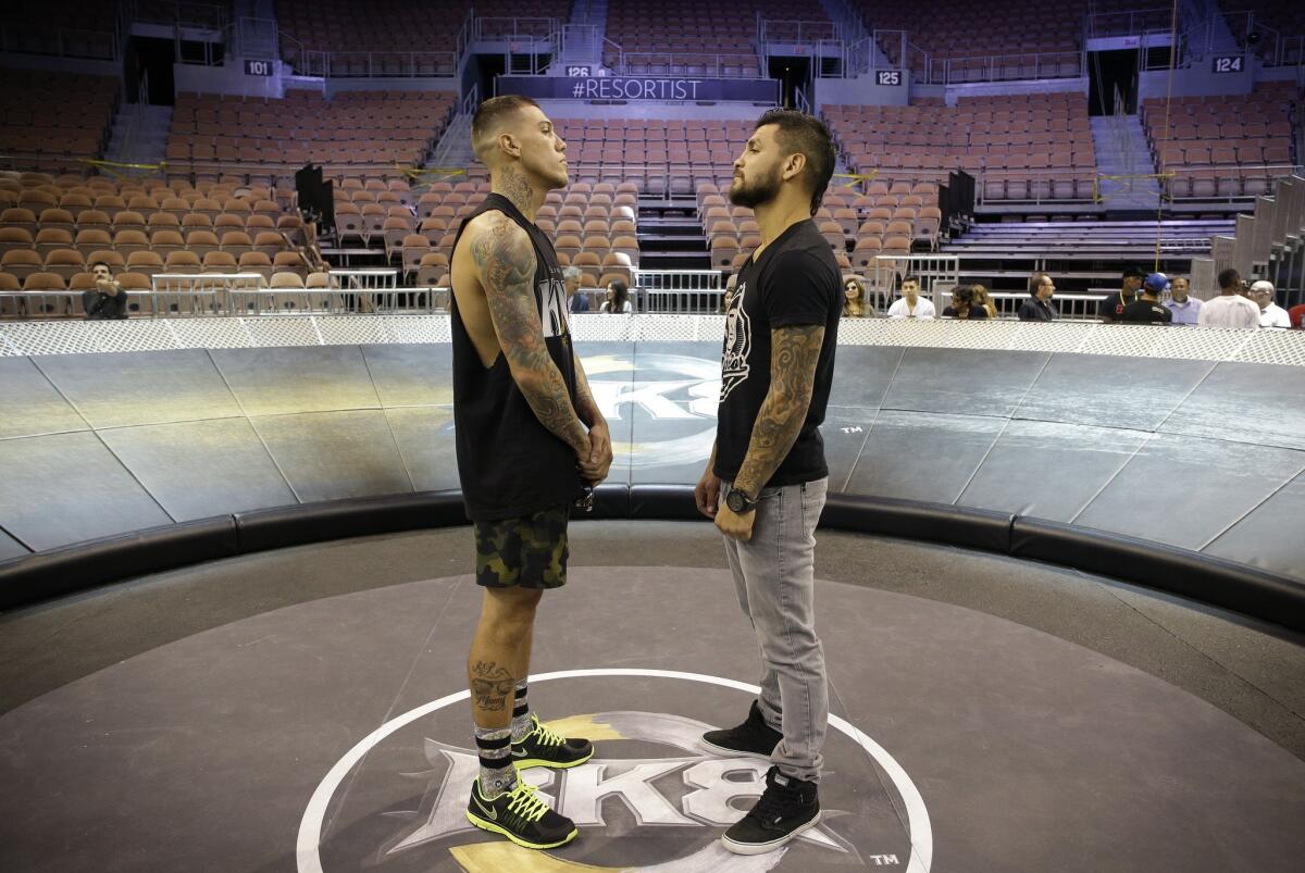 Boxers Bryan Vera and Gabrial Rosado, left, stand inside the Big Knockout Boxing ring in Las Vegas. The BKB will host its debut event Saturday at the Mandalay Bay Event Center.