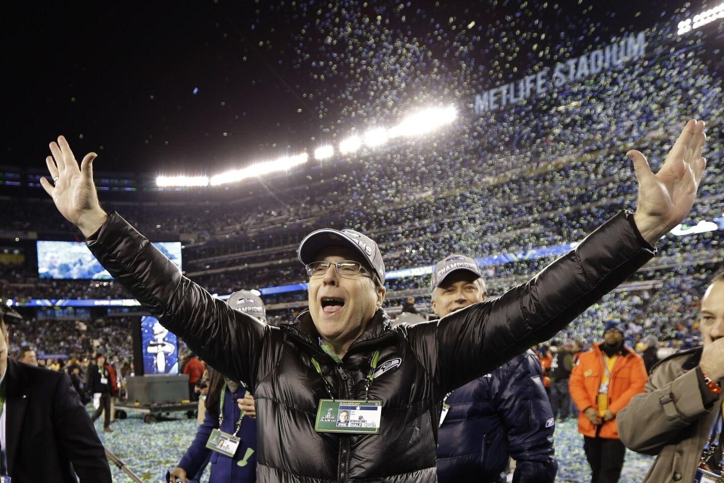 Seattle Seahawks owner Paul Allen celebrates after NFL Super Bowl XLVIII in East Rutherford, N.J.