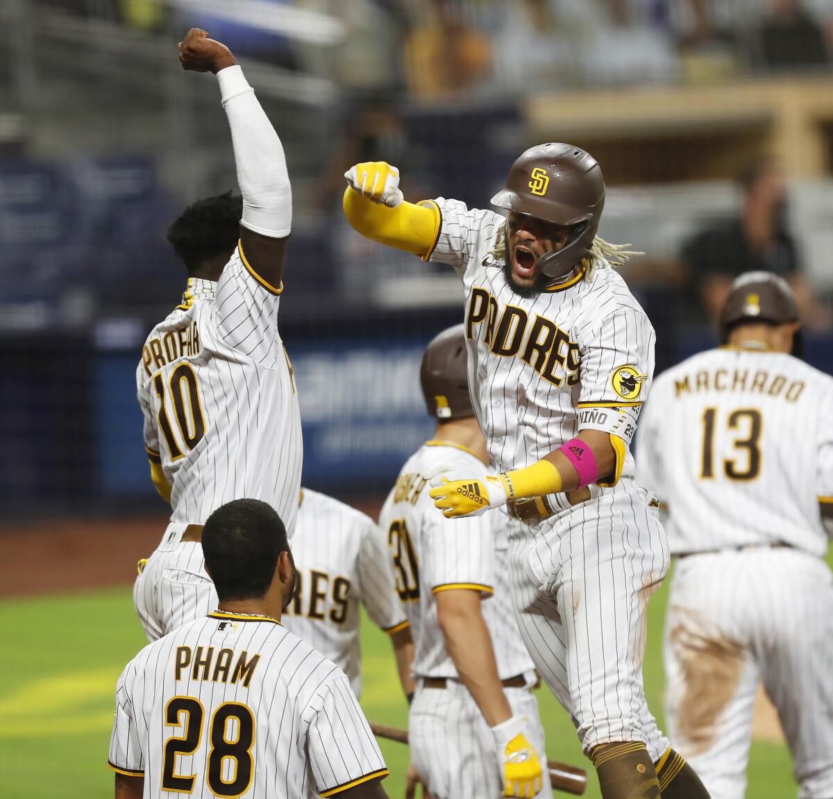 Fernando Tatis Jr. celebrates home run in Thursday's Wild Card playoff game against the St. Louis Cardinals at Petco Park.