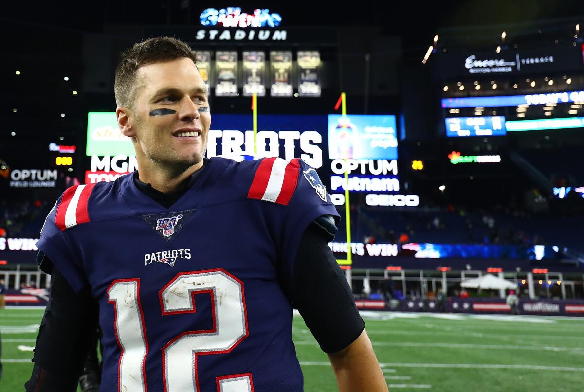 FOXBOROUGH, MASSACHUSETTS - OCTOBER 10: Tom Brady #12 of the New England Patriots celebrates after defeating the New York Giants in the game at Gillette Stadium on October 10, 2019 in Foxborough, Massachusetts. (Photo by Adam Glanzman/Getty Images) ** OUTS - ELSENT, FPG, CM - OUTS * NM, PH, VA if sourced by CT, LA or MoD **