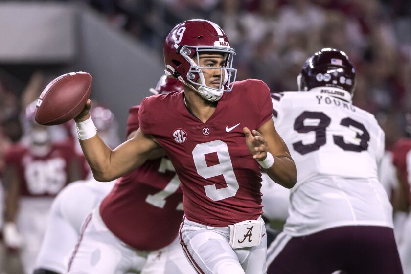 FILE - Alabama quarterback Bryce Young (9) throws the ball during the first half of the team's NCAA college football game against Mississippi State, Saturday, Oct. 22, 2022, in Tuscaloosa, Ala. Bryce Young, C.J. Stroud, Anthony Richardson and Will Levis are projected to go anywhere from the top 5 to top 15 picks in this draft.(AP Photo/Vasha Hunt, File)