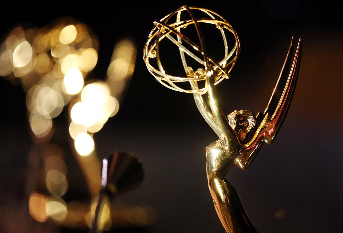 An Emmy award sits on the table where winners can have their Emmy statuette engraved.