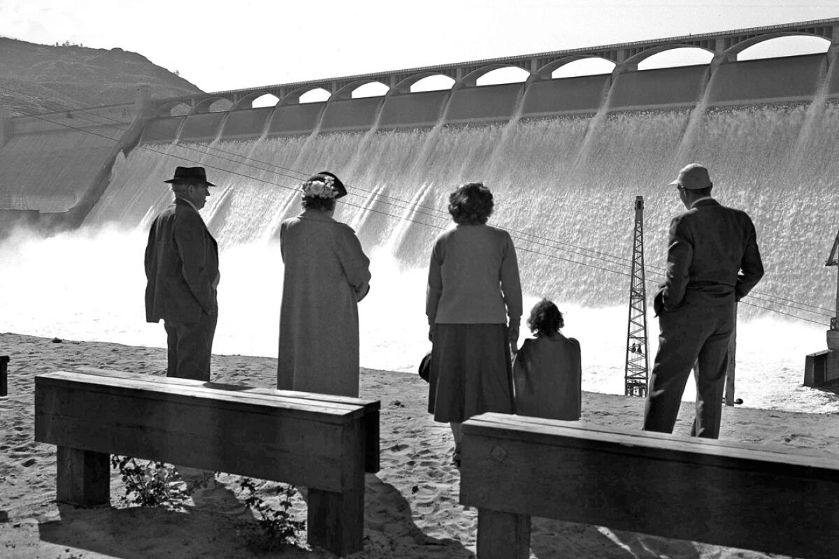 President Truman formally dedicated Grand Coulee Dam in 1950. Above, visitors at the dam hours before Truman's visit.