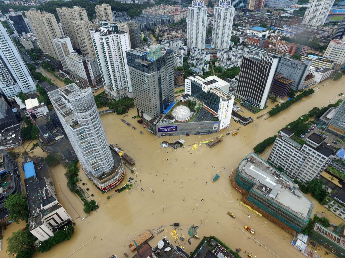 An aerial view shows flooded intersections following the landfall of Typhoon Megi in Fuzhou, China, on Sept. 28.