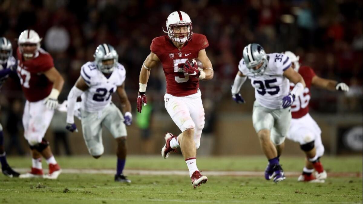 Stanford running back Christian McCaffrey runs for a touchdown against Kansas State during a game on Sept. 2.