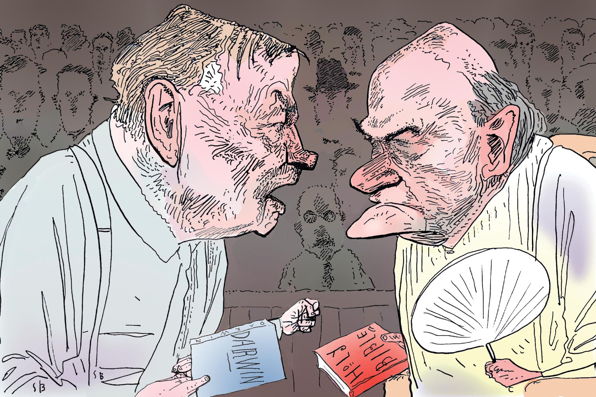 Illustration of Clarence Darrow (Darwin book) and William Jennings Bryan (Bible)