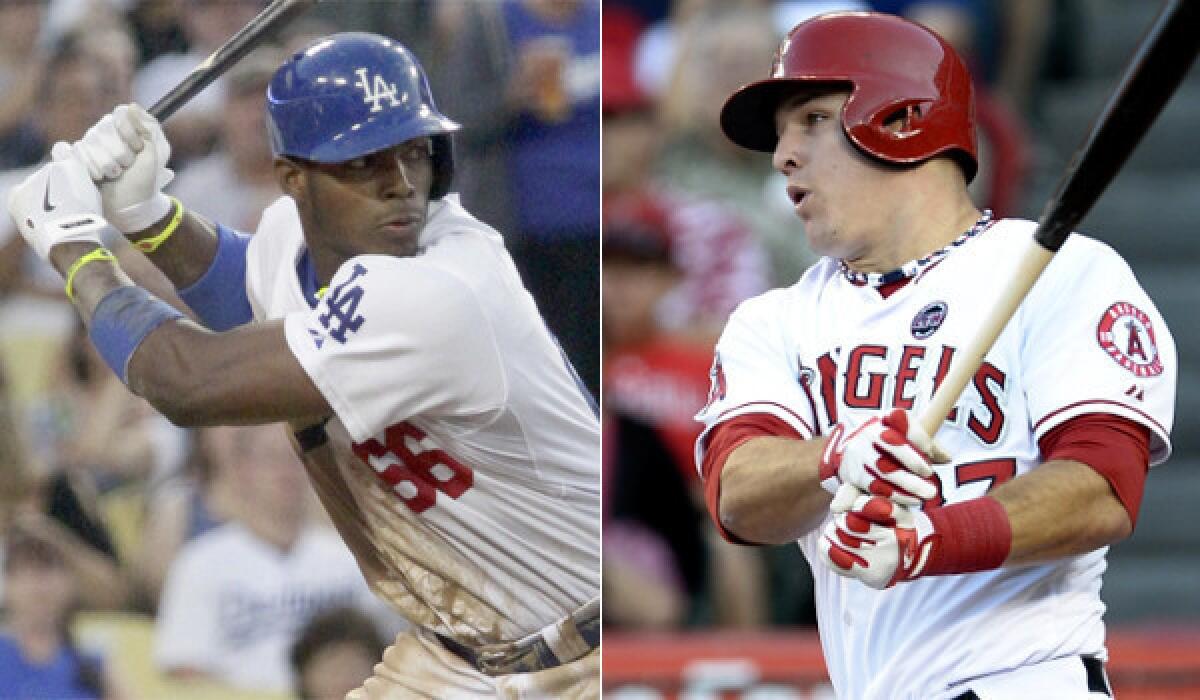 Dodgers sensation Yasiel Puig, left, still has a chance to represent the National League in the All-Star Game; Angels' Mike Trout is already in for the American League.