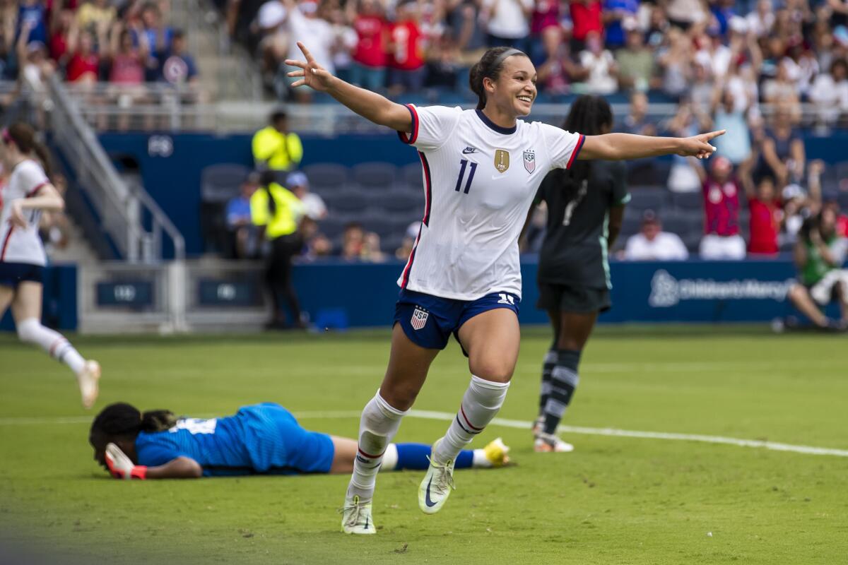 United States forward Sophia Smith (11) scores her second goal of the match during the first half.