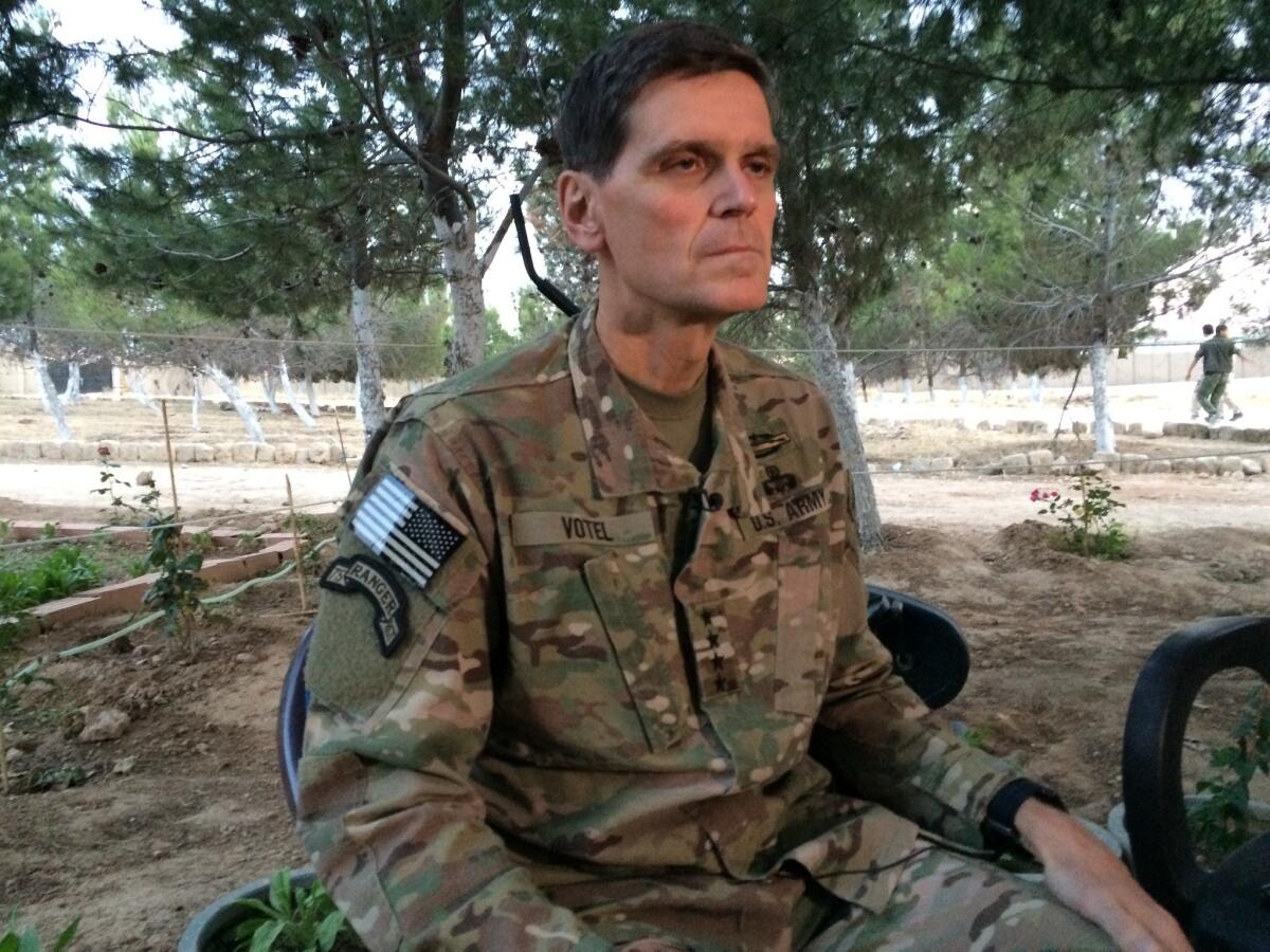 Army Gen. Joseph Votel speaks to reporters Saturday, May 21, 2016, during a secret trip to Syria.