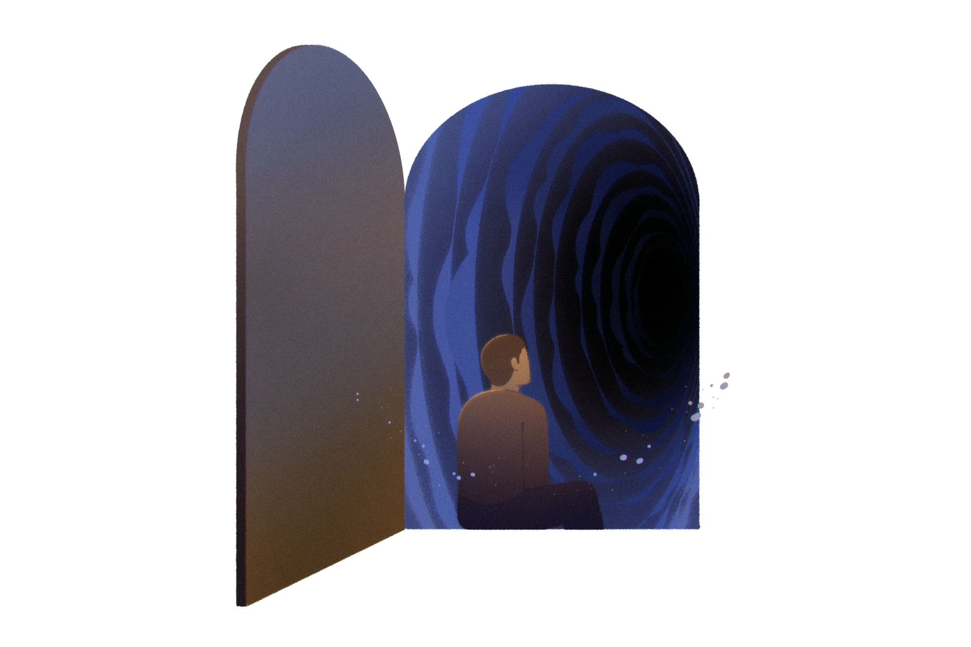 a figure sit in the threshold of a door opening to a void