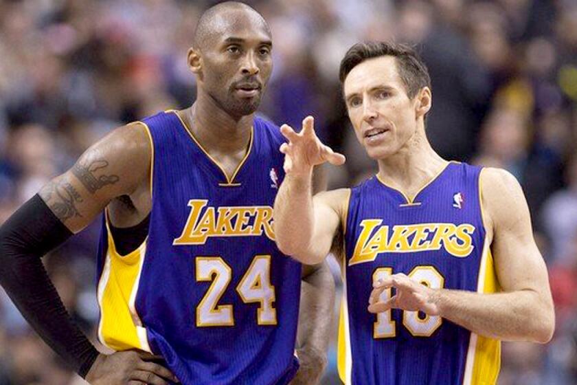 Kobe Bryant (24) and Steve Nash spent most of the last two NBA seasons in street clothes, and rarely on the court together, because of injuries.