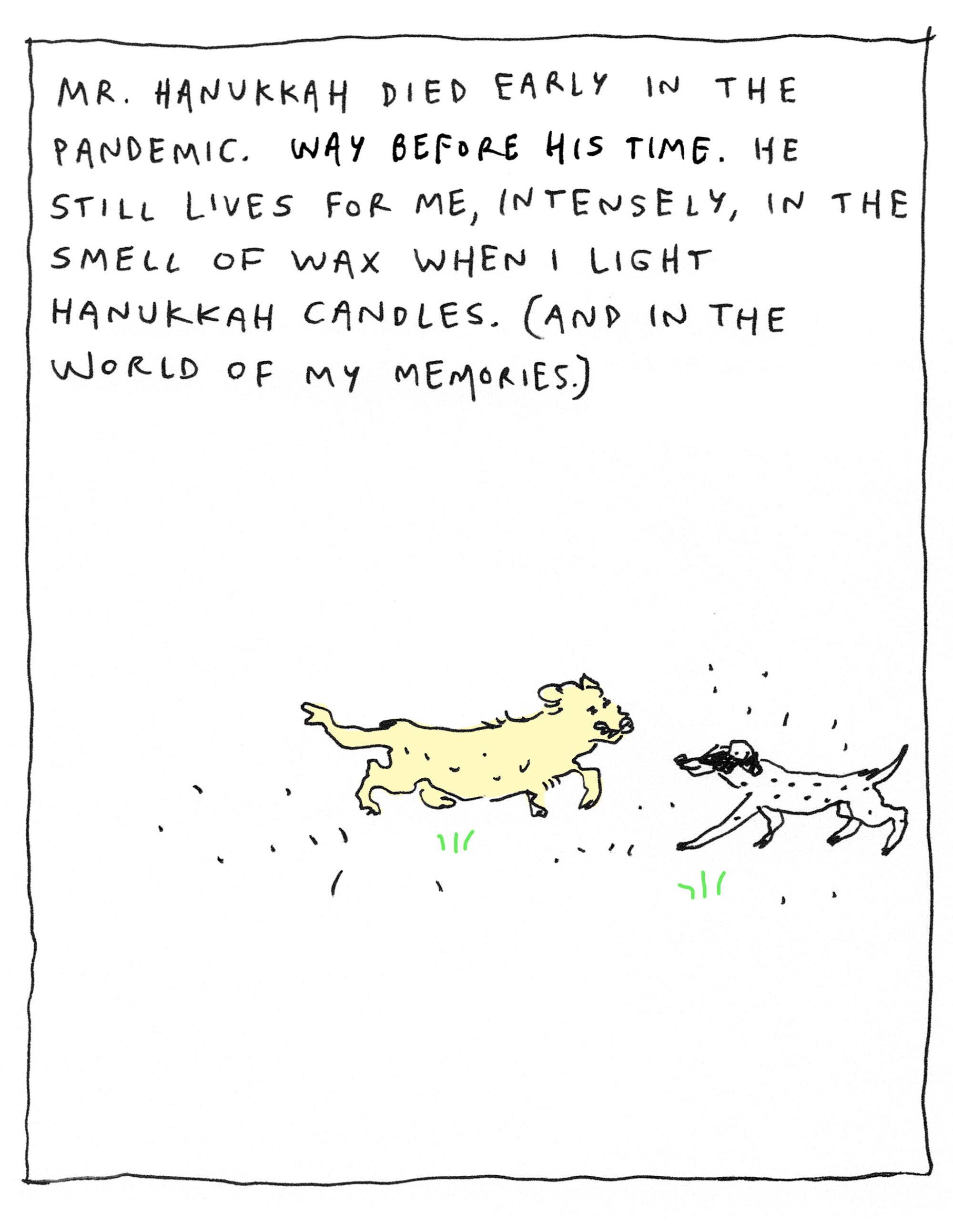 comic illustration of two dogs playing in the grass. One of them yellow, and one is white with black spots.