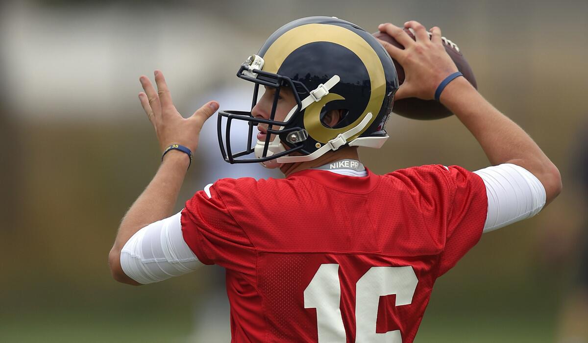 Rams rookie quarterback Jared Goff passes during a recent practice session in Oxnard.