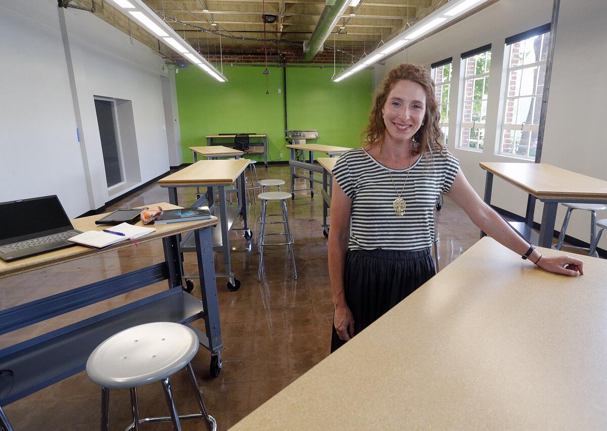 Bridget Higgins, dean of academic excellence, in her classroom at the St. John Paul II STEM Academy in Burbank. The school, on the site of former Bellarmine-Jefferson High School, will feature co-institutional learning.