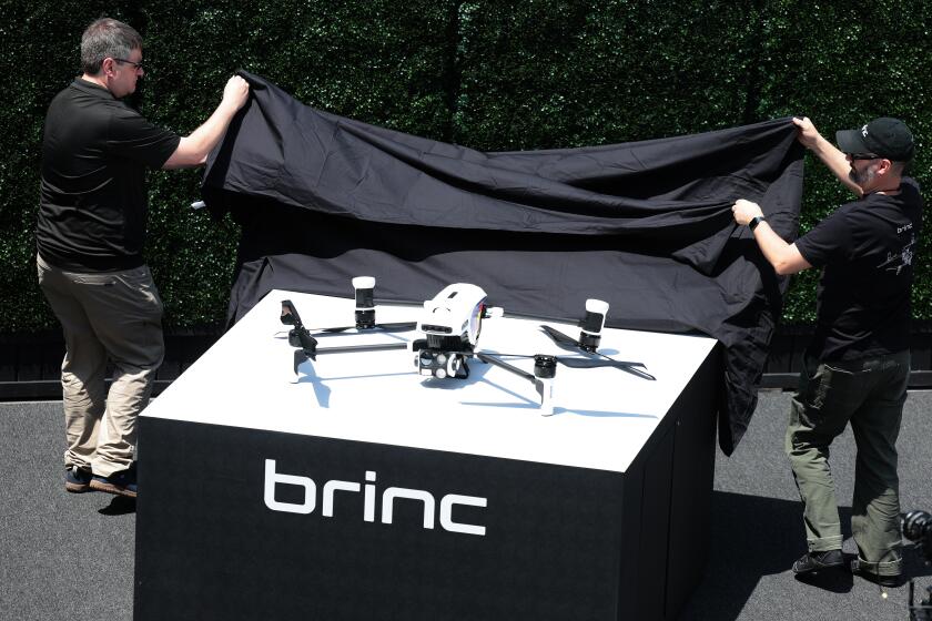 HAWTHORNE, CALIFORNIA May 9, 2024-A Brinc drone is on display during a presentation and demonstration of its new 911 response drones at Hawthorne Police Department. (Wally Skalij/Los Angeles Times)
