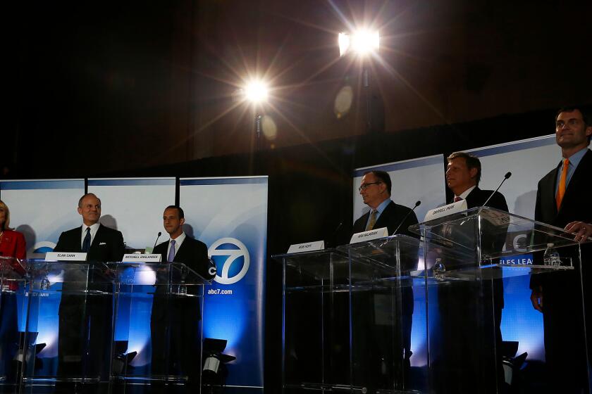 Candidates for the Los Angeles County Supervisorial District 5 seat prepare to debate April 27, 2016, at the Community Church in Pasadena. From left: Kathryn Barger, Elan Carr, Mitchell Englander, Bob Huff, Ara Najarian and Darrell Park.