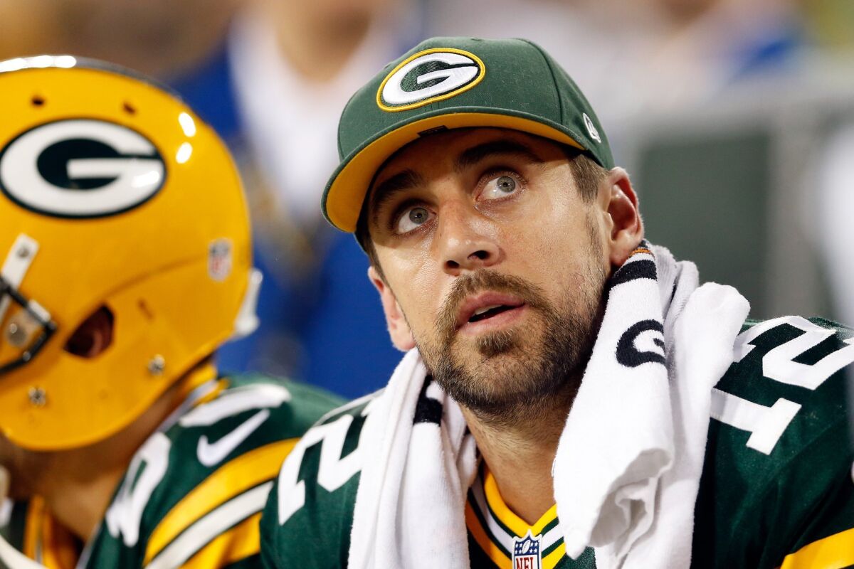 Green Bay Packers quarterback Aaron Rodgers on the sideline
