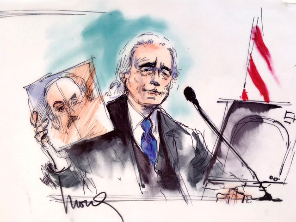 Court sketches of Jimmy Page on the stand in the Led Zepplin plagerism case. (Los Angeles Times)