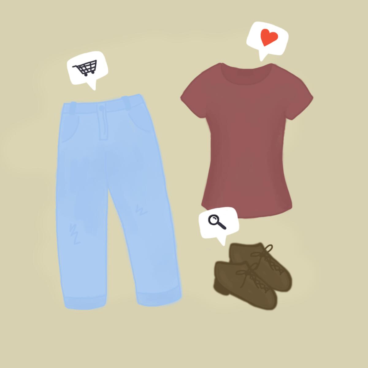 Illustration of clothing with pop-up messages on top showing a shopping cart, a heart and a search icon.