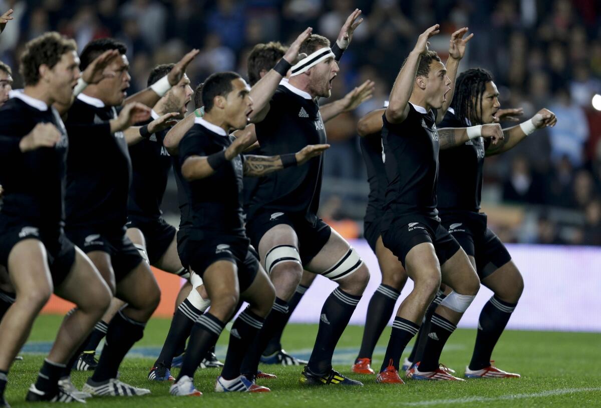 New Zealand All Blacks players perform the haka, a traditional Maori challenge, before playing against Argentina in La Plata, Argentina, on Saturday.