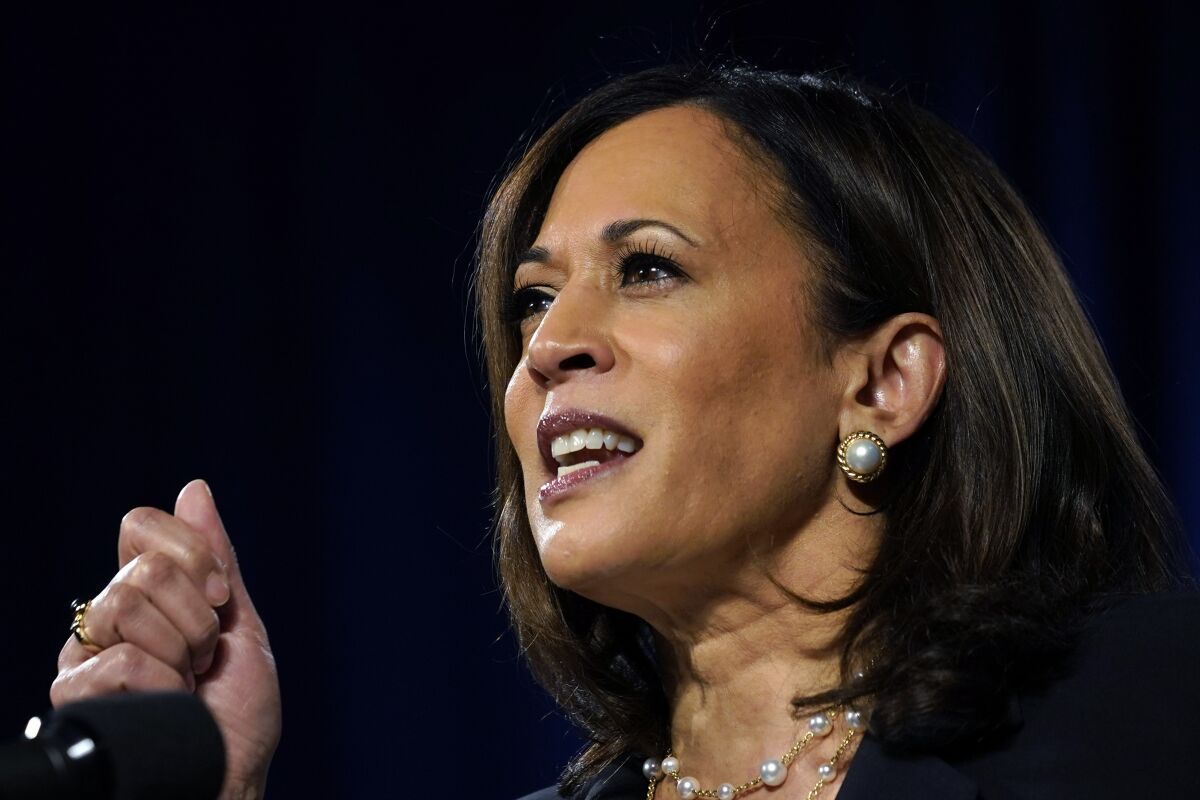 FILE - In this Aug. 27, 2020, file photo Democratic vice presidential candidate Sen. Kamala Harris, D-Calif., speaks in Washington. On Monday, Sept. 7, Harris will travel to Milwaukee, her first traditional campaign trip. (AP Photo/Carolyn Kaster, File)
