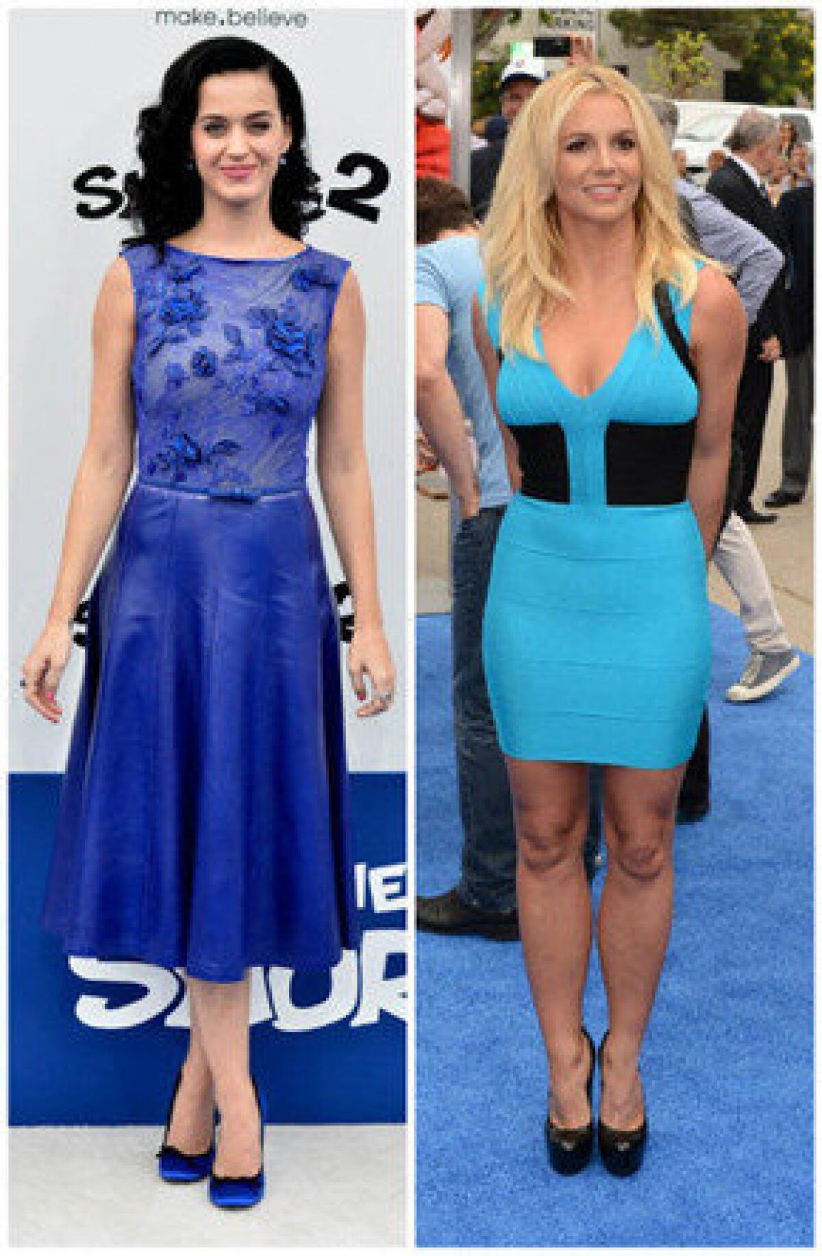 Katy Perry (left, in Tadashi Shoji) and Britney Spears went with Smurf-appropriate colors for the premiere of Columbia Pictures' "Smurfs 2."