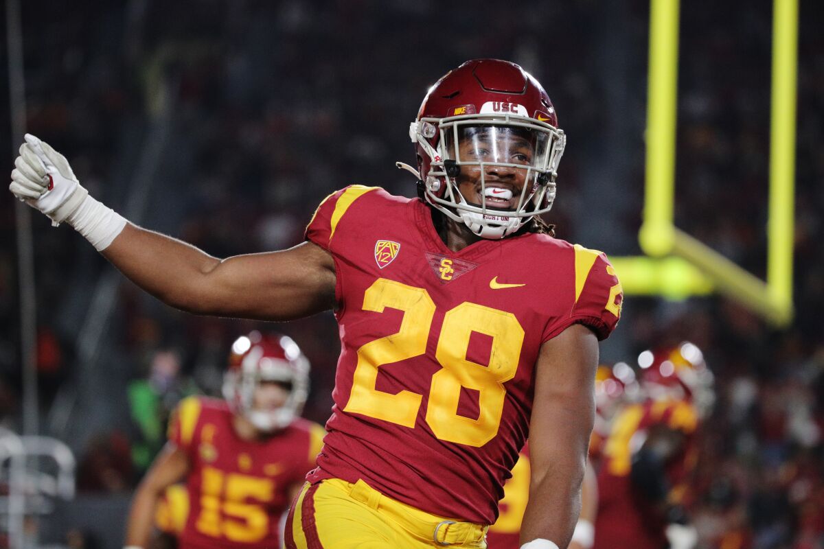 USC running back Keaontay Ingram celebrates after scoring a touchdown against Oregon State 