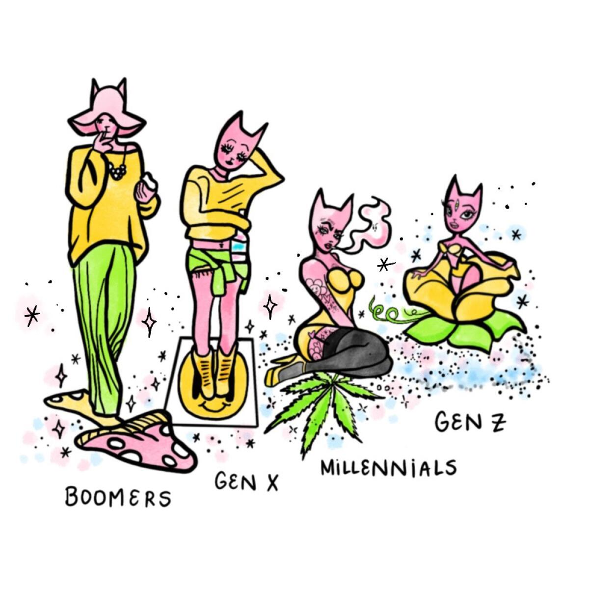 An illustration of four generations: boomers, Gen X, millennials and Gen Z